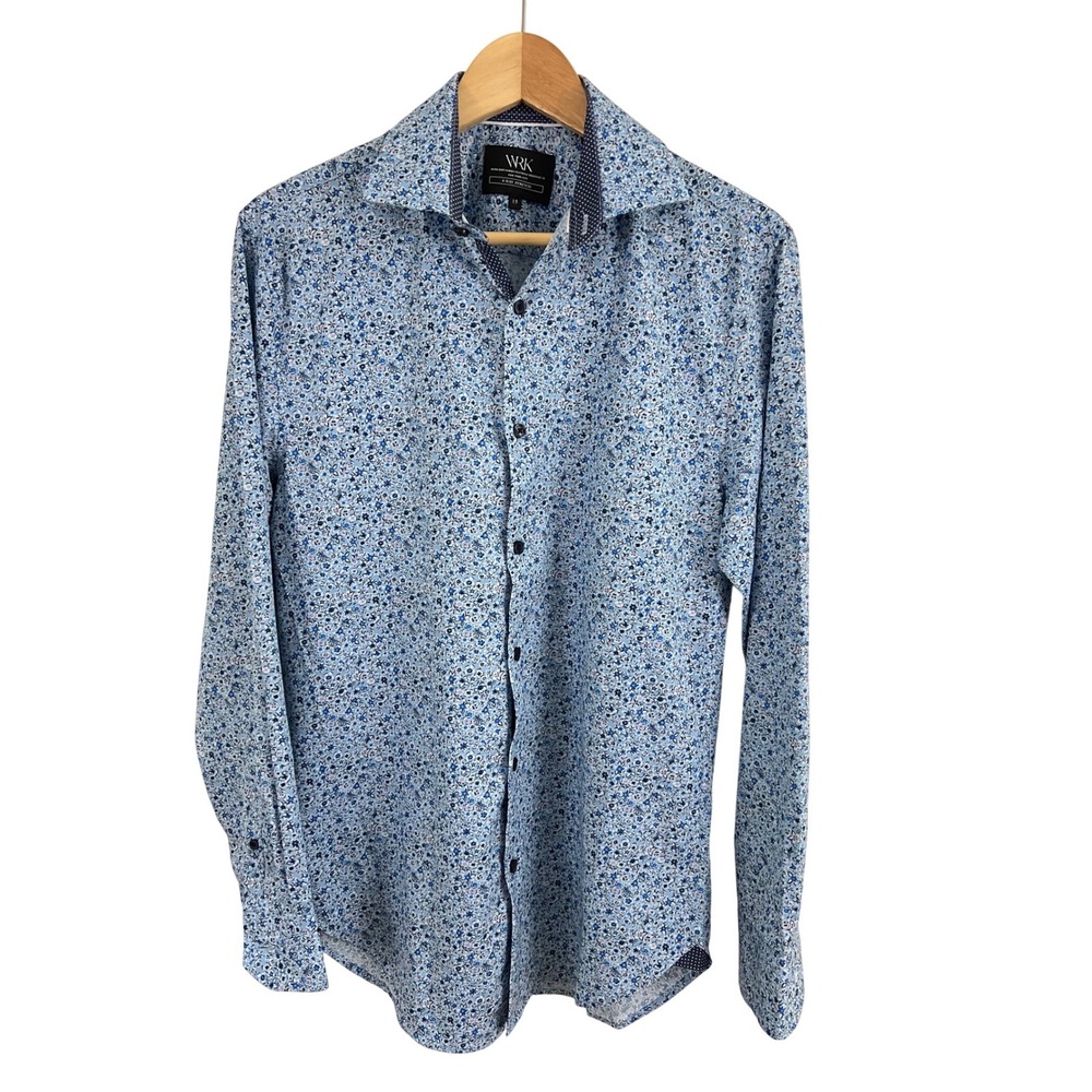 WRK Floral Button Down Shirt Mens 15 Blue 4-Way Stretch Long Sleeve